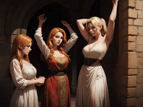 two women leaning on the wall with their arms up, a blonde and a redhead, They wear blouses from the medieval period, half body ...