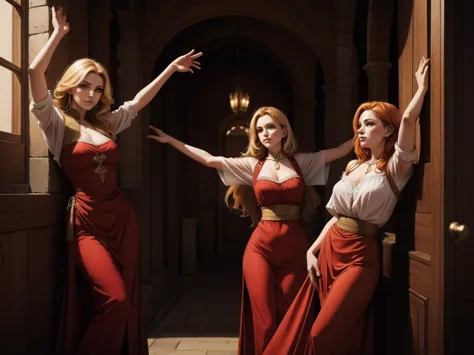 two women leaning on the wall with their arms up, a blonde and a redhead, they wear blouses from the medieval period, half body ...