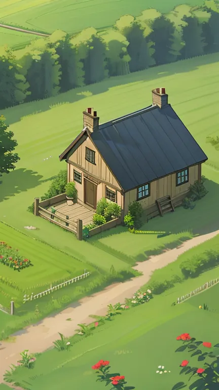 country cottage, field, a small house with a garden, isometric, isometric, forest, game art, slate path, grassland, wood, master...