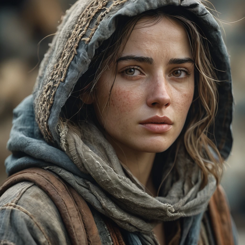 photography, cinematic, woman character with weathered clothing and facial features, emphasizing realism, highly detailed, very realistic   