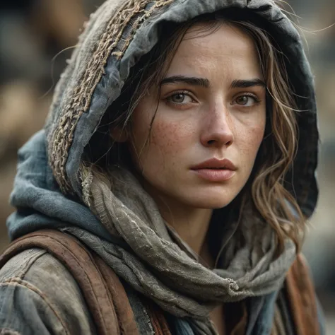 photography, cinematic, woman character with weathered clothing and facial features, emphasizing realism, highly detailed, very ...