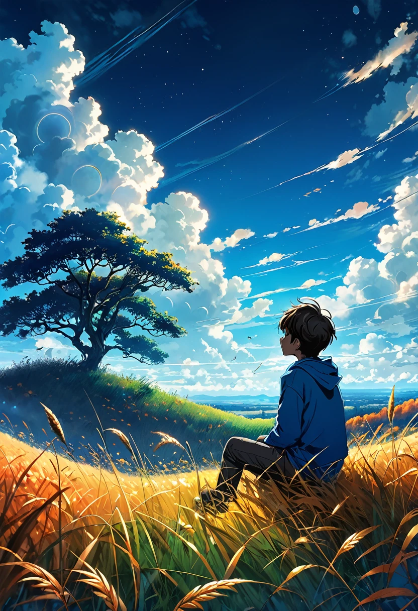 a boy sitting in an autumn meadow, seeing a vast blue sky with dark blue clouds, tall grasses, cloudy sky, makoto shinkai cyril rolando, anime art wallpaper 4k, anime art wallpaper 4k, animated background, anime art wallpaper 8K, animated background art, Anime Landscape Wallpaper, amazing wallpaper, HD wallpaper, 4k anime wallpaper, 4k anime wallpaper, Aries Moross art,art by Bob Byerley , AshleyWoodArtAI, greg rutkowski