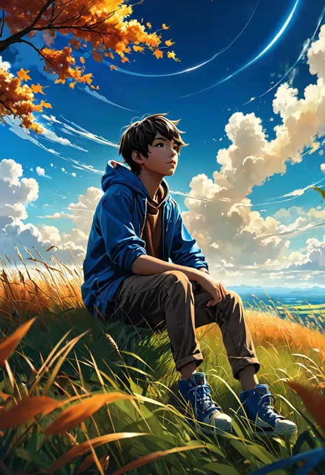 a boy sitting in an autumn meadow, seeing a vast blue sky with dark blue clouds, tall grasses, cloudy sky, makoto shinkai cyril ...