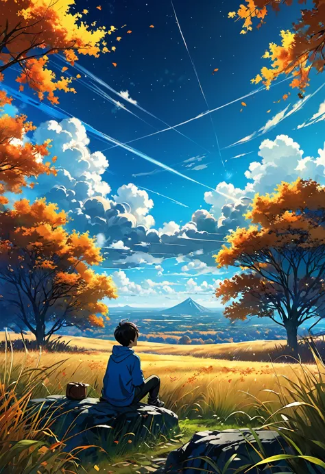 a boy sitting in an autumn meadow, seeing a vast blue sky with dark blue clouds, tall grasses, cloudy sky, makoto shinkai cyril ...