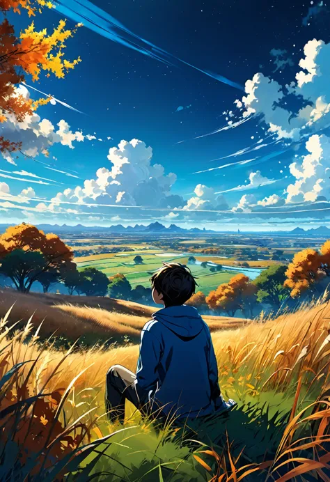 a boy sitting in an autumn meadow, seeing a vast blue sky with dark blue clouds, tall grasses, cloudy sky, makoto shinkai cyril ...