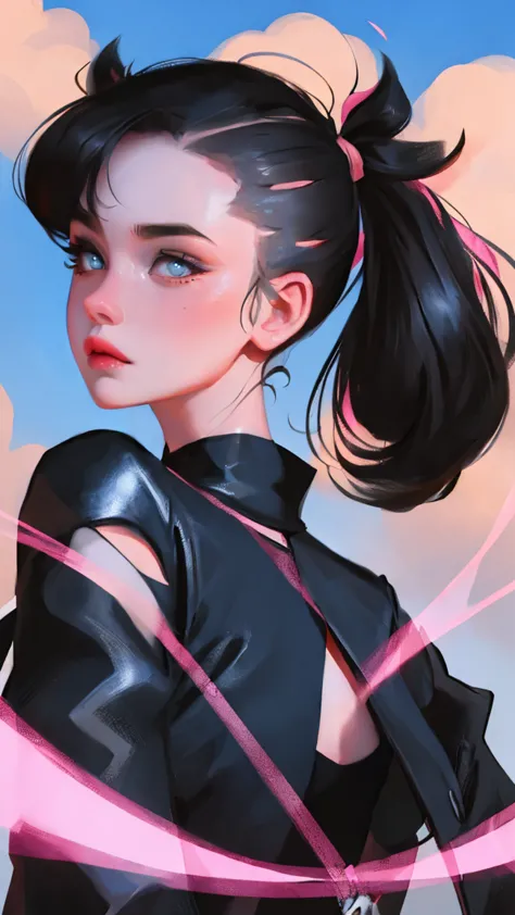 close up of face, Marnie (pokemon), punk, sucubbus, beautiful eyes, aqua eyes, choker, red ribbon, Side bangs, black hair, Volum...