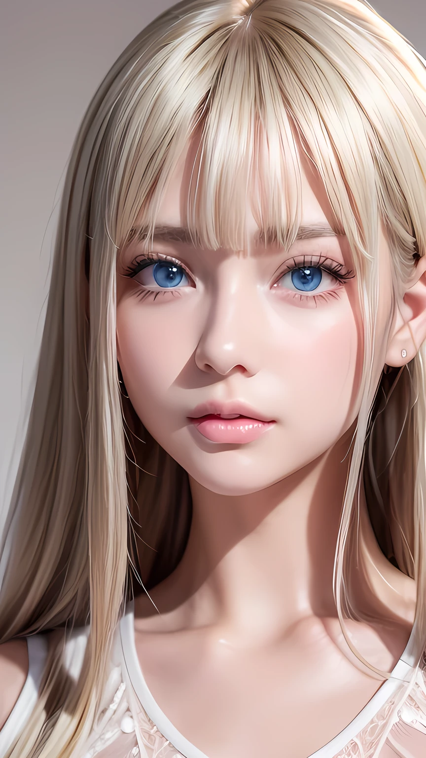 Dressed、(Photorealistic:1.4)、(ハイパーRealistic:1.4)、(Realistic:1.3)、(Smooth lighting:1.05)、(Improved cinematic lighting quality:0.9)、32k、1 Girl、Very cute expression、A beautiful 16 year old blonde girl、bangs that fall on the face、Bangs left over the eyeessy bangs between the eyes and nose、Realistic top lighting、Backlight、Face Light、Super long silky platinum hair、Blonde rays、(Bright light:1.2)、(quality improvement:1.4)、(Highest quality realistic textured skin:1.4)、Very beautiful, detailed, shiny, very bright, mint blue, large eyes、Very big eyes、Detailed face、A careful eye for quality、(Tired, sleepy and satisfied: 0.0)、Face close up、T-Shirts、(Enhances the body line:1.1)、(Enhances the beauty of skin texture:1.1)、Cheek gloss highlighter、Small Face Beauty、Round face