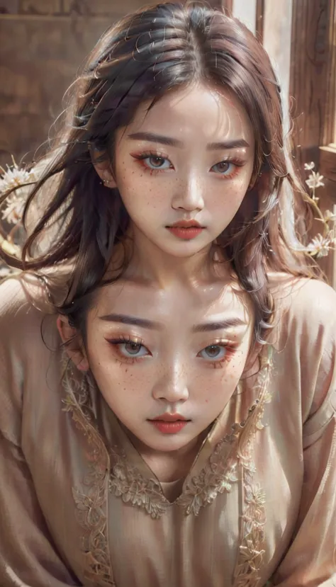 

A captivating hyperrealistic 3D illustration featuring a beautiful Korean woman who has been transformed into a symbol of the ...