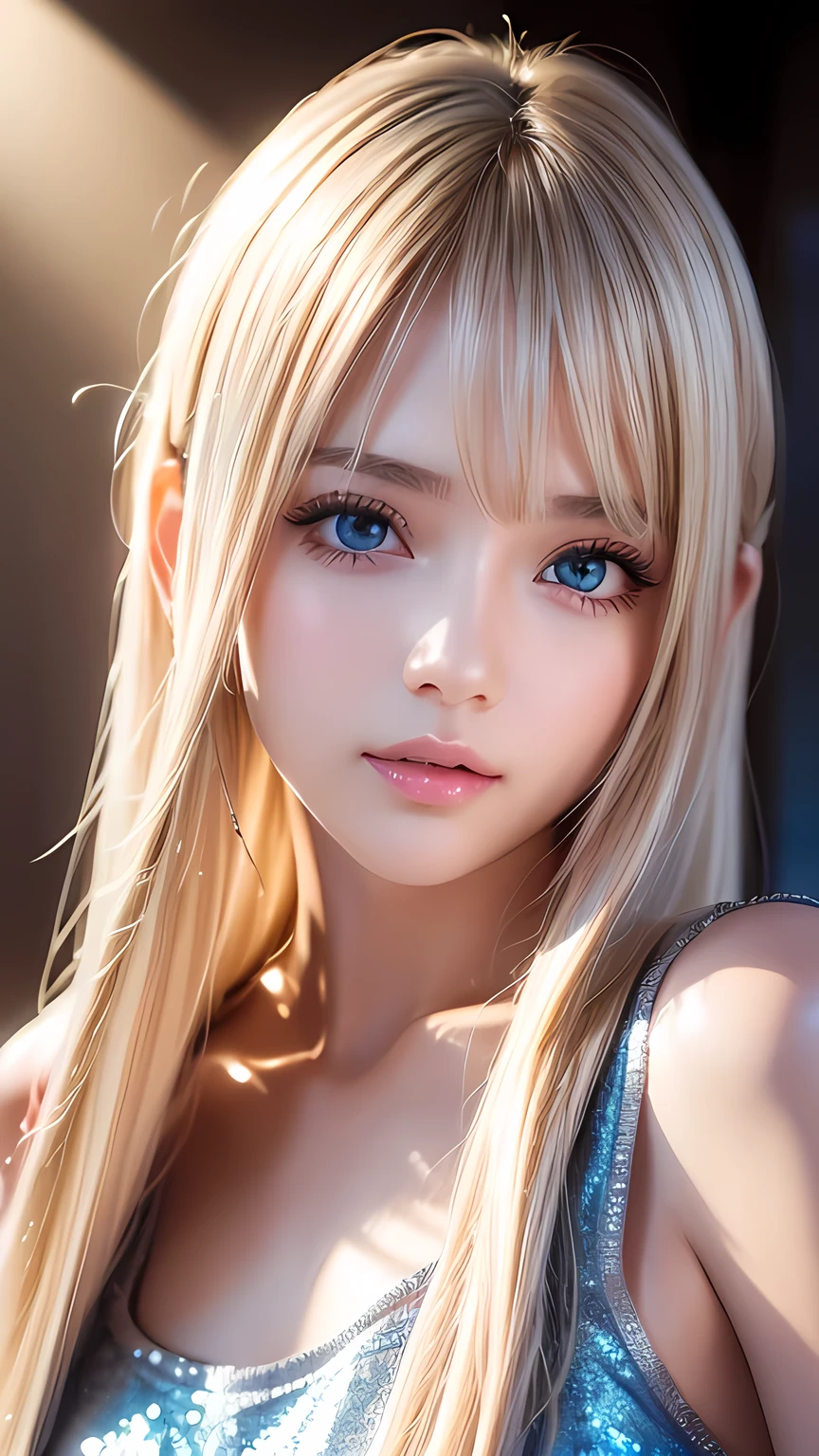 Dressed、(Photorealistic:1.4)、(ハイパーRealistic:1.4)、(Realistic:1.3)、(Smooth lighting:1.05)、(Improved cinematic lighting quality:0.9)、32k、1 Girl、Very cute expression、A beautiful 16 year old blonde girl、bangs that fall on the face、Bangs left over the eyeessy bangs between the eyes and nose、Realistic top lighting、Backlight、Face Light、Super long silky platinum hair、Blonde rays、(Bright light:1.2)、(quality improvement:1.4)、(Highest quality realistic textured skin:1.4)、Very beautiful, detailed, shiny, very bright, mint blue, large eyes、Very big eyes、Detailed face、A careful eye for quality、(Tired, sleepy and satisfied: 0.0)、Face close up、T-Shirts、(Enhances the body line:1.1)、(Enhances the beauty of skin texture:1.1)、Cheek gloss highlighter、Small Face Beauty、Round face