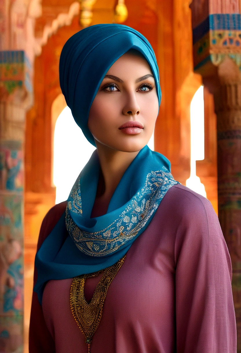 一個戴著頭巾的女人的令人驚嘆的詳細肖像, 美麗複雜的頭巾, 平靜的表情, 站在高聳的伊朗毛拉裸體前, 戲劇性的建築背景, 華麗的伊朗傳統建築, 暖光, 鮮豔的色彩, 電影構圖, photo實際的, 傑作, (最好的品質,8K,hyper實際的,超詳細:1.2),(實際的,photo-實際的:1.4),屢獲殊榮的人像攝影