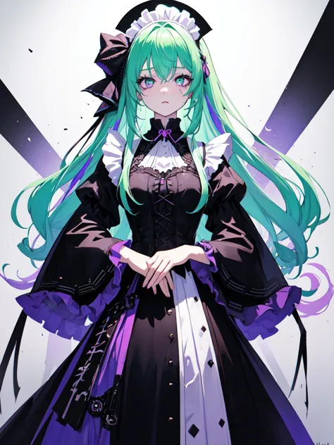 maid, Evil Eye, A bad looking person with white eyes, whole body絵, She is wearing a maid uniform and the background is a dark an...