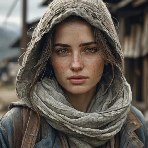 photography, cinematic, digital woman character with weathered clothing and facial features, emphasizing realism, highly detaile...