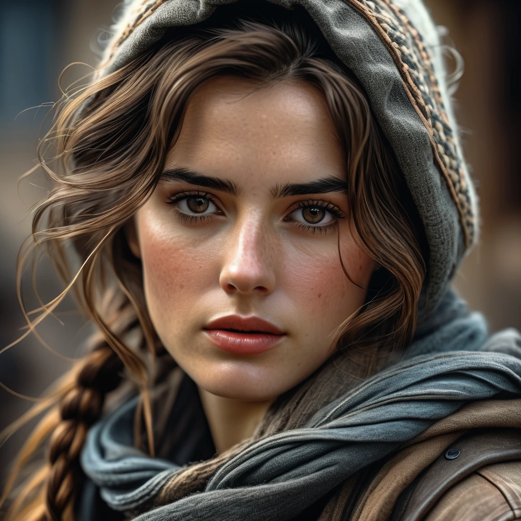 photography, cinematic, woman character with weathered clothing and facial features, emphasizing realism, highly detailed, very realistic   