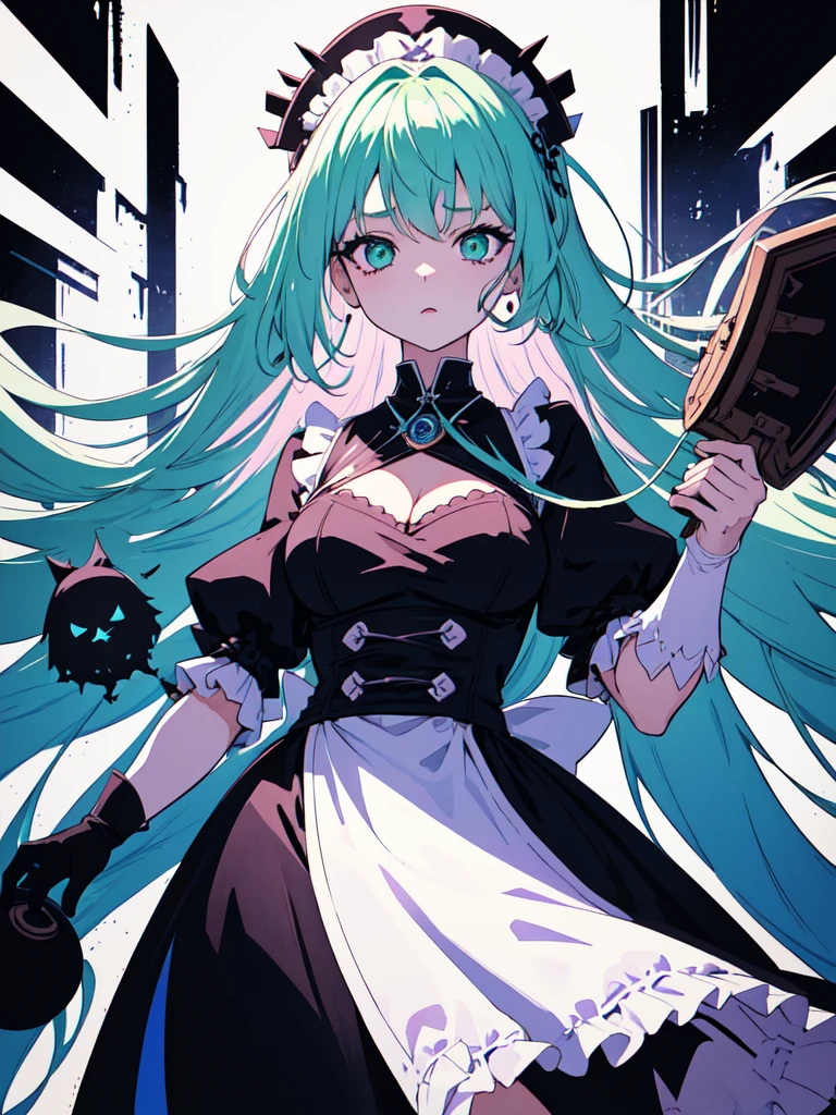 With a large shield, maid, Evil Eye, A bad looking person with white eyes, whole body絵, She is wearing a maid uniform and the background is a dark and desolate landscape., Horror movie atmosphere. Her figure is extremely beautiful, Emphasizing the dark and crazy elements. Skillfully expressing the effects of light and shadow, detailed, The face and expression of the black costume are also carefully drawn..., Artistic elements add depth to the work. The overall atmosphere is creepy and nightmarish..., With a unique artistic touch. This movie is、The dark and crazy world of horror movies depicted in HD., Evoke visual stimuli and aesthetic sense, It will terrify and excite the audience....,sketch (Character design sheet, same characters, whole body, Three-View, front, ~ ~ ~ side, return) and watercolor画, （Gradient braided hair, Light pink hair, (Ink blotches:1.1), (pale:1.2),(Light purple:1.2),(Light green:1.2)　and a mature face,tall, Wearing black tights,Green Eyes, The skin is hidden　and 1 female, Nervous,Cowboy Shot,,(Very bright:1.1), White Background, [1 Girl:7], (Tilt your head:1.2), ([sketch|watercolor \(Moderate\)]:1.15),Chaotic Abstract Background, Vector Trace, Gradient Blending, Bright colors, that&#39;wonderful, 非常にdetailed, Complex, (Very low contrast:1.4)