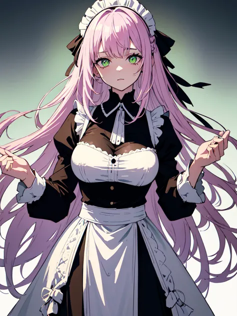 With a large shield, maid, Evil Eye, A bad looking person with white eyes, whole body絵, She is wearing a maid uniform and the ba...