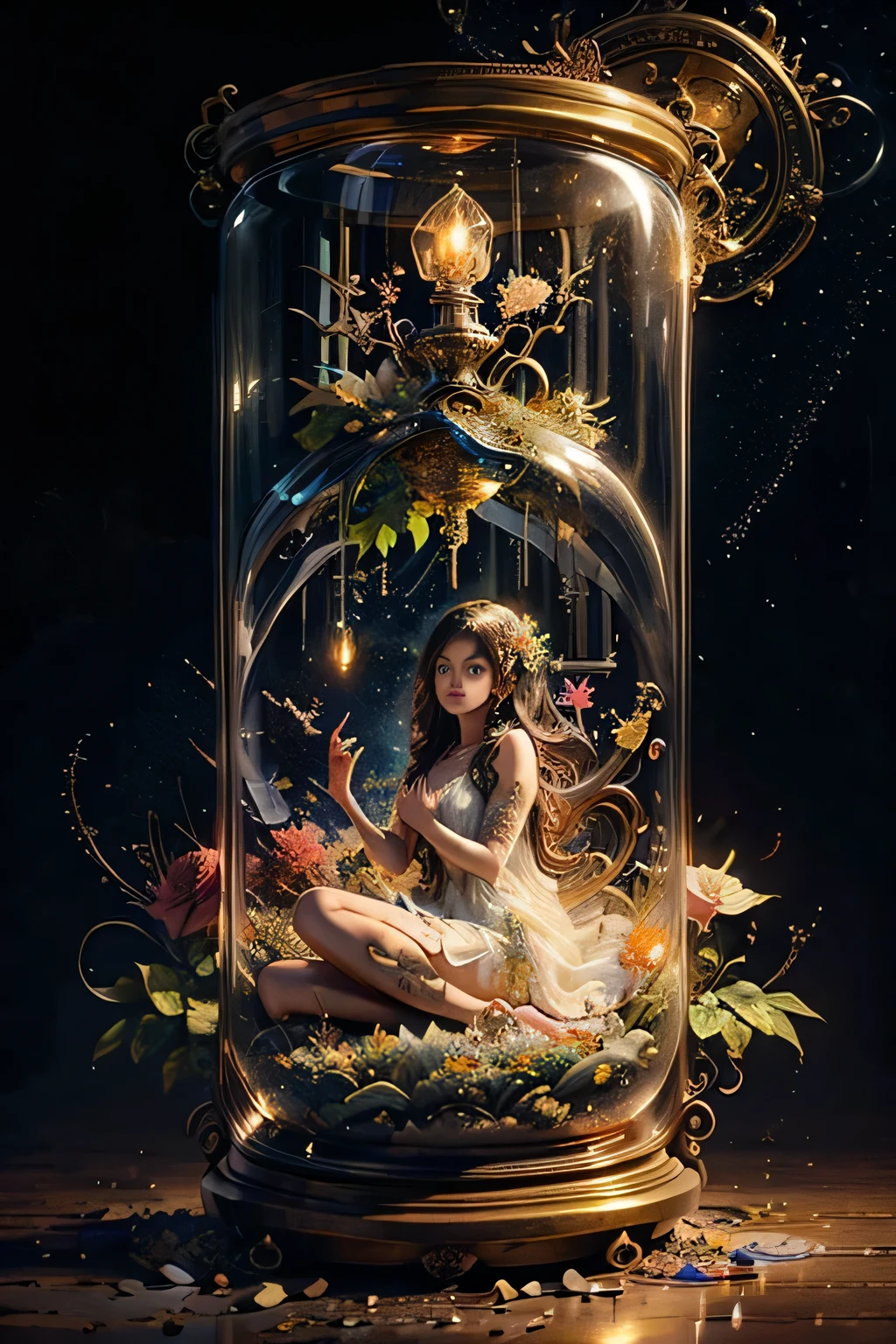 (masterpiece), best quality, expressive eyes, perfect face, huge hourglass, antique hourglass, floating antique clock, beautiful girl inside the hourglass, beautiful Latin girl behind the clock glass, floating antique clock, lamp , lantern, dark night sky, cloudy sky, rain clouds with lightning, beautiful girl looking up, long black hair, dark, high resolution, 8k, beautiful latin girl face, cool beauty, transparent white silk dress, style beauty, bright fog. Paint water splashes. Magic spell. Baroque elements, intricate oil paintings, swirling bubbles and fountains, full body, extremely detailed (Fractal Art: 1.3), colorful, more detailed, slight smile, sitting on stool with legs spread, view of pubic hair, 1 sexy girl in clothes transparent, small breasts exposed, transparent open t-shirt, tattoos of mandalas and flowers, best quality, black and brown hair merged in water, naked girl, beautiful visible pubic area, small breasts in sight, perfect hair, perfect full lips, body delicate and perfect, digital painting, intricately detailed eyes looking up, girl looking up, metallic colors and enamel, fine art, finely drawn hands; magical garden, metallic roses, autumn leaves, metallic colors and enamel, meditation, girl in a state of meditation, rain, wlop style art, Latin girl with tanned skin, shiny brown skin, bare feet stepping on garden grass, scene inside glass hourglass, floating antique clocks, impressionist art,