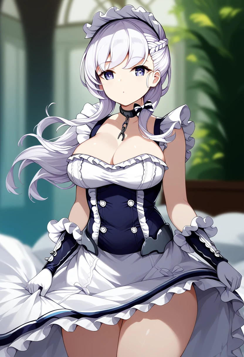 score_9,score_8_up,score_7_up,source_anime,cowboy shot,Idealized Forms,Natural Light,details background,blurry background,extremely detailed,1girl in, Solo,belfast(azue lane),very_long_hair, Large_breasts, white_hair, Bangs, cleavage, braid, Blue_Eyes, French_braid, clavicle, Purple_Eyes, chain, Collar, Dress, frilld, maid, maid_Head dress, white_gloves, white_thighs thighs thighs thighs, maid_Apron, white_Apron, frilld_Apron, greys_hair, frilld_gloves, Blue summer sky, washing, hold the sheet in your hand, look up to