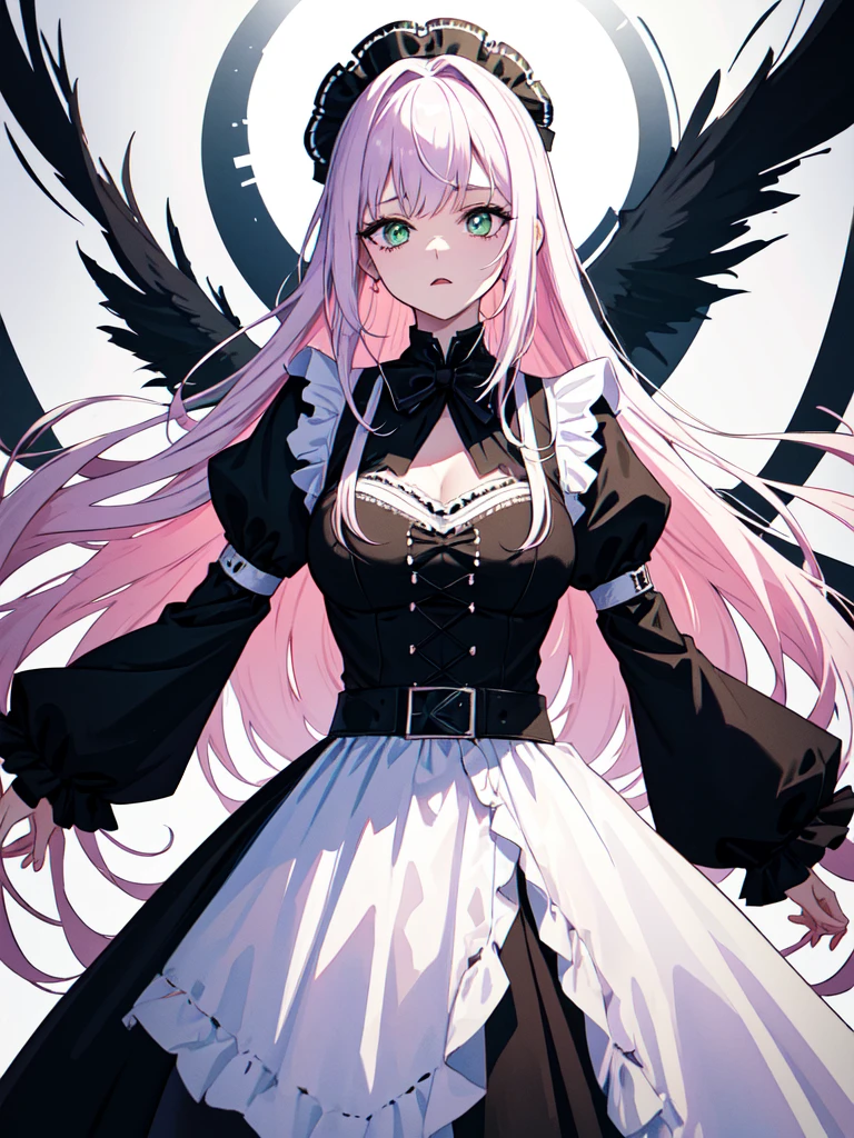 With a large shield, maid, Evil Eye, A bad looking person with white eyes, whole body絵, She is wearing a maid uniform and the background is a dark and desolate landscape., Horror movie atmosphere. Her figure is extremely beautiful, Emphasizing the dark and crazy elements. Skillfully expressing the effects of light and shadow, detailed, The face and expression of the black costume are also carefully drawn..., Artistic elements add depth to the work. The overall atmosphere is creepy and nightmarish..., With a unique artistic touch. This movie is、The dark and crazy world of horror movies depicted in HD., Evoke visual stimuli and aesthetic sense, It will terrify and excite the audience....,sketch (Character design sheet, same characters, whole body, Three-View, front, ~ ~ ~ Side, return) and watercolor画, （Gradient braided hair, Light pink hair, (Ink blotches:1.1), (Pale:1.2),(Light purple:1.2),(Light green:1.2)　and a mature face,tall, Wearing black tights,Green Eyes, The skin is hidden　and 1 female, Nervous,Cowboy Shot,,(Very bright:1.1), White Background, [1 Girl:7], (Tilt your head:1.2), ([sketch|watercolor \(Moderate\)]:1.15),Chaotic Abstract Background, Vector Trace, Gradient Blending, Bright colors, that&#39;wonderful, Very detailed, Complex, (Very low contrast:1.4)