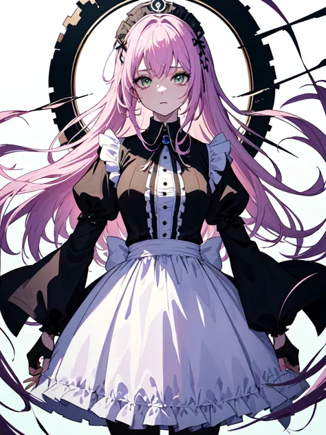 With a large shield, maid, Evil Eye, A bad looking person with white eyes, whole body絵, She is wearing a maid uniform and the ba...