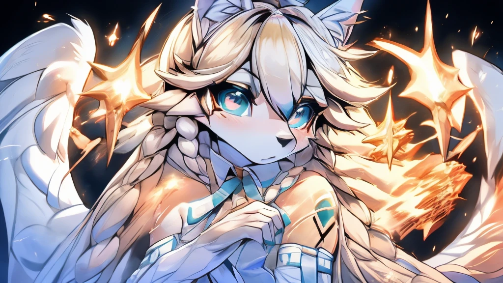 Miku Hatsune, adicionar alta definição_detalhe:1, pele azul,orelhas kitsune, tatuagem tribal adicionar_detalhe:1, no céu adicionar_detalhe, garota angelical, adicionar perucas de anjo_detalhe, Angélico Yokai Kitsune,