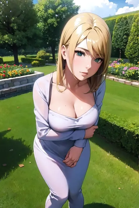 Masterpiece,stunning realistic, best quality, sharpness, 1 girl,standing in a garden, largr breasts