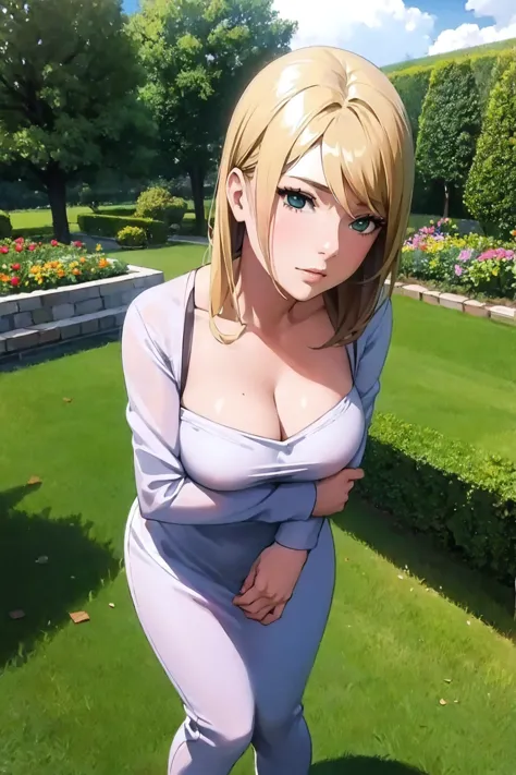 masterpiece,stunning realistic, best quality, sharpness, 1 girl,standing in a garden, largr breasts