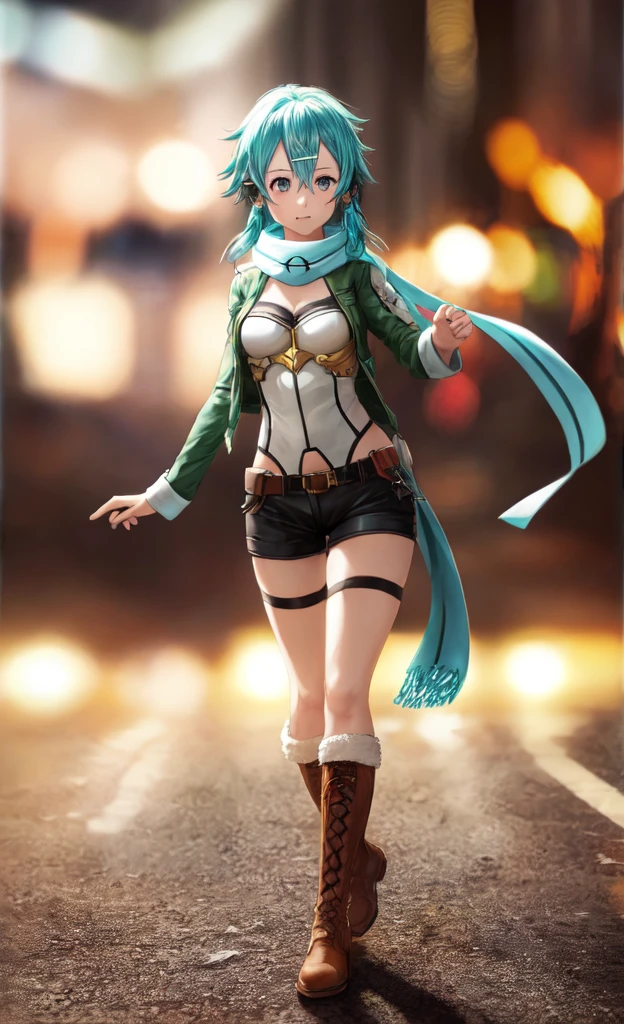 full body shot, sinon, breasts, aqua hair, hair ornament, shorts, scarf, boots, perfect lighting, (masterpiece:1), (best_quality:1), ultra high res, 4K, ultra-detailed, photography, 8K, HDR, highres, (absurdres:1.2), (bokeh:1.2), professional photograph,