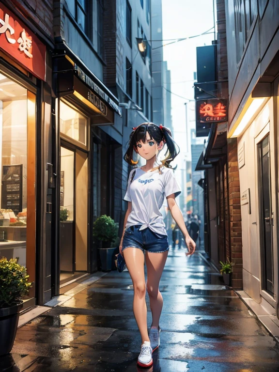 cute, childish, blonde, young girl, blue eyes, long hairstyle, twin tails, white t-shirt, jeans, red sneakers, athletic boy, dark skin, brown eyes, black hair, short spiky, red shirt, jeans, blue sneakers, dancing in the street, wet, under heavy rain, anime, masterpiece, cinematic, dramatic, best score,