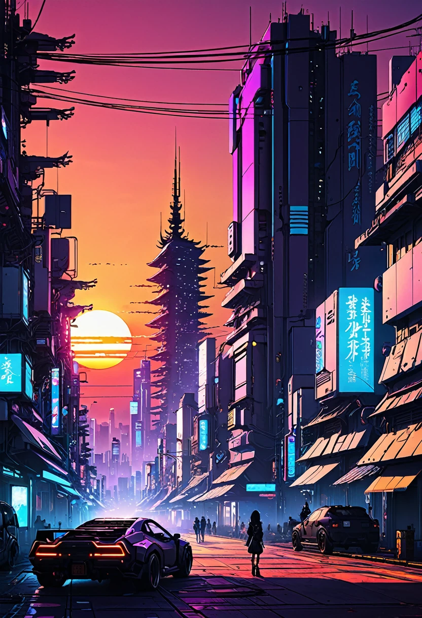 estilo anime, pôr do sol, brilho,  Cidade ciberpunk
