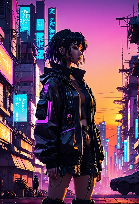 anime style, sunset, brightness,  cyberpunk city
