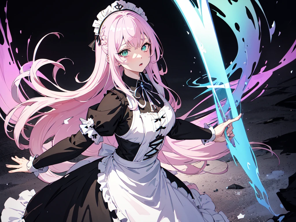 With a large shield, maid, Evil Eye, A bad looking person with white eyes, whole body絵, She is wearing a maid uniform and the background is a dark and desolate landscape., Horror movie atmosphere. Her figure is extremely beautiful, Emphasizing the dark and crazy elements. Skillfully expressing the effects of light and shadow, detailed, The face and expression of the black costume are also carefully drawn..., Artistic elements add depth to the work. The overall atmosphere is creepy and nightmarish..., With a unique artistic touch. This movie is、The dark and crazy world of horror movies depicted in HD., Evoke visual stimuli and aesthetic sense, It will terrify and excite the audience....,sketch (Character design sheet, same characters, whole body, Three-View, front, ~ ~ ~ Side, return) and watercolor画, （Gradient braided hair, Light pink hair, (Ink blotches:1.1), (Pale:1.2),(Light purple:1.2),(Light green:1.2)　and a mature face,tall, Wearing black tights,Green Eyes, The skin is hidden　and 1 female, Nervous,Cowboy Shot,,(Very bright:1.1), White Background, [1 Girl:7], (Tilt your head:1.2), ([sketch|watercolor \(Moderate\)]:1.15),Chaotic Abstract Background, Vector Trace, Gradient Blending, Bright colors, that&#39;wonderful, Very detailed, Complex, (Very low contrast:1.4)