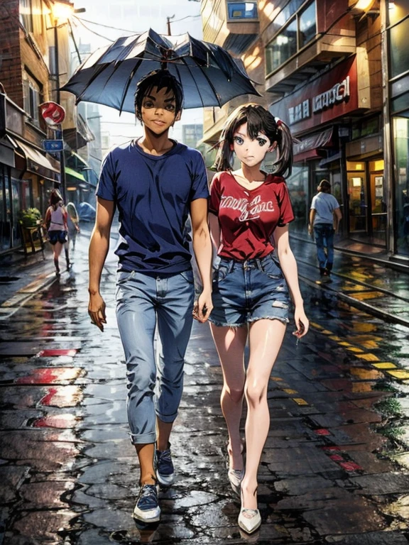 cute, childish, blonde, young girl, blue eyes, long hairstyle, twin tails, white t-shirt, jeans, red sneakers, athletic boy, dark skin, brown eyes, black hair, short spiky, red shirt, jeans, blue sneakers, couple dancing tango, wet, under heavy rain, in the street, anime, masterpiece, cinematic, dramatic, best score,