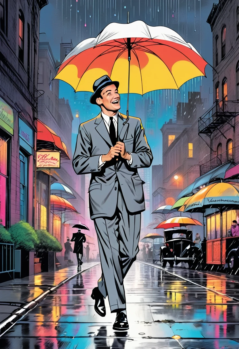 رجل في فيلم موسيقي كلاسيكي في الخمسينيات من القرن الماضي Singin &#39;in the Rain, جين كيلي, (الرقص تحت المطر:2.0), الرش في البرك, تعبير سعيد, بدلة وقبعة رمادية, قميص أبيض, السراويل السوداء, حذاء اسود, مظلة, خلفية شارع المدينة, أضواء النيون الملونة, الإضاءة السينمائية, ألوان نابضة بالحياة, ملامح الوجه التفصيلية, الوضع الديناميكي, واقعية, تحفة, دقة عالية