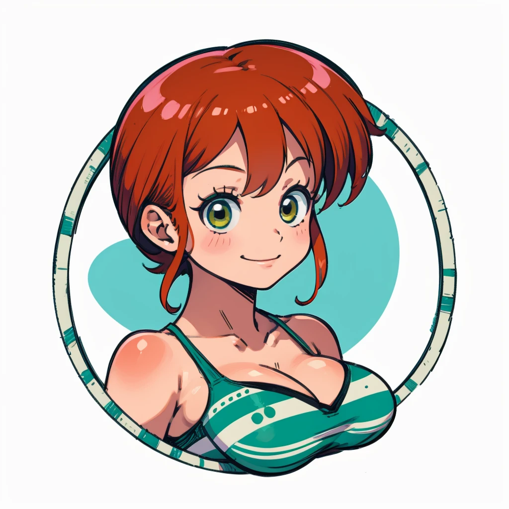 ((1 chica,  Nami de One Piece, 1 chica, Fondo blanco, Camisa blanca)), Parte superior del cuerpo, anatómicamente correcto, chibi, fondo sencillo, sonrisa, escote, mirando al espectador, bikini de rayas verdes, tapa verde