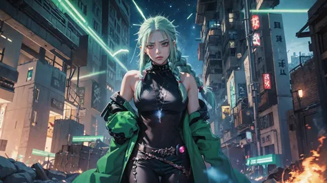 uma mulher com hair green e tatuagens, cyberpunk woman anime woman, pants, beautiful angry cyberpunk goddess, cyberpunk artstyle...