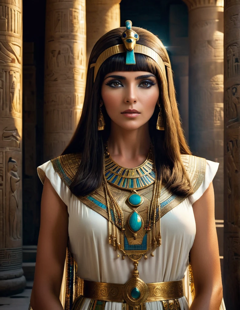 Cleopatra in her craft and her long light brown hair , 35 years of experience. His keen focus and intense gaze forward seem to pierce through the darkness of ancient Egypt, Revealing Hidden Truths and Mysteries. The intricate details of their traditional robes are reproduced in stunning detail, while cinematic lighting adds a touch of drama to the scene. Esta imagem sobrenatural, Captured in 8K resolution, will leave you in awe of its beauty and depth elle a un maternelle 