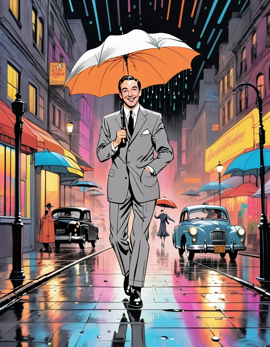 20 世纪 50 年代经典音乐电影《雨中曲》中的一位男士, 金·凯利, (在雨中起舞:2.0), 在水坑里溅起水花, 开心的表情, 灰色西装和帽子, 白衬衫, 黑裤子, 黑鞋, 伞, 城市街道背景, 五颜六色的霓虹灯, 电影灯光, 鲜艳的色彩, 详细的面部特征, 动态姿势, 真实感, 杰作, 高分辨率