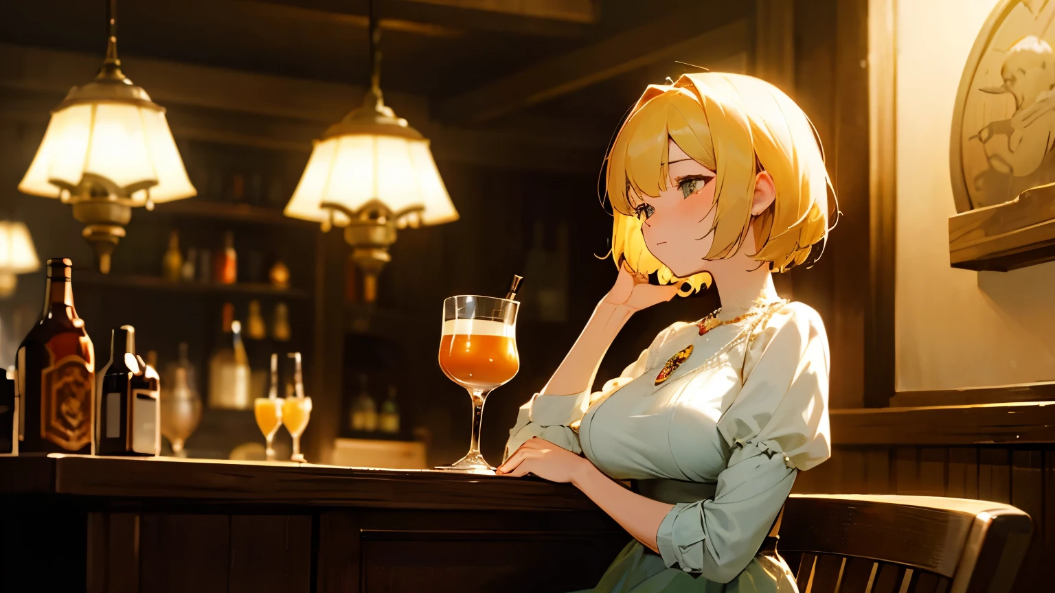 A beautiful and charming adult female character with short blonde hair, looking around 2, large breasts, wearing a natural-colored dress. She has a jewel pendant glowing on her chest. The character is resting her chin on her hands with a melancholic expression. The background is the interior of a tavern illuminated with warm colors. There are wooden furnishings and an old-fashioned atmosphere. A few people are sitting at the bar counter, enjoying their drinks in a relaxed manner. Lamps on the walls emit a warm light. In the distance, a character in armor is visible. On the table, there is a beer mug and scattered coins, enhancing the ambiance. The entire scene has a soft, blurred effect, creating a warm and cozy atmosphere. The illustration is in a high-quality anime style, with ultra HD details.