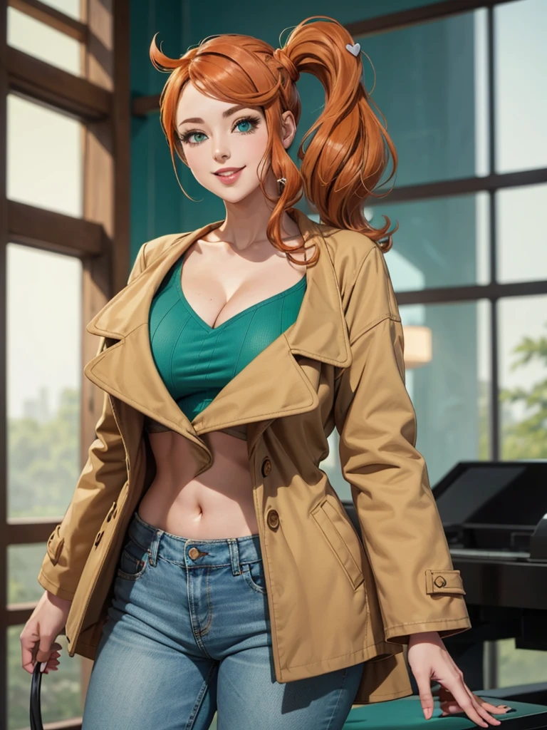 sonia, side ponytail, cowboy shot, 1girl, solo, collarbone, (green top), croptop, microtop, aqua eyes, orange hair, heart hair ornament, looking at viewer, smile, solo, long hair, brown coat, research lab, light smile, cleavage, jeans, huge breasts, oversized coat