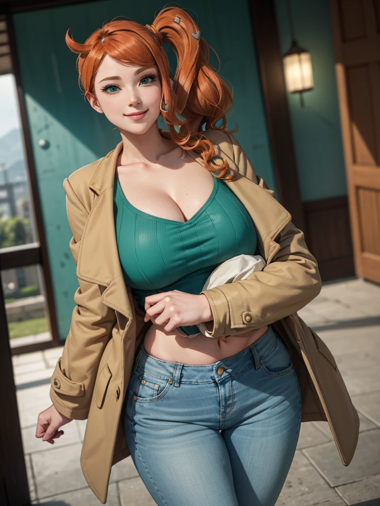 sonia, side ponytail, cowboy shot, 1girl, solo, collarbone, (green top), croptop, microtop, aqua eyes, orange hair, heart hair ornament, looking at viewer, smile, solo, long hair, brown coat, research lab, light smile, cleavage, jeans, huge breasts, oversized coat