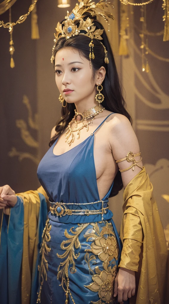 Masterpiece, best quality, 1 woman, alone, ((adult))，(big breasts)， long hair，Micro gold，be happy, looking at the audience, Dunhuang Mogao Cave, (background)，(precise、perfect appearance:1.3)，ultra high definition，Ray tracing,，glare， correct structure，won，Highly detailed，Lighten the contrast of the shadows.，face light ，movie theater lighting，Masterpiece，Awesome details，High quality，Highly detailed， best quality，16K，high contrast， 