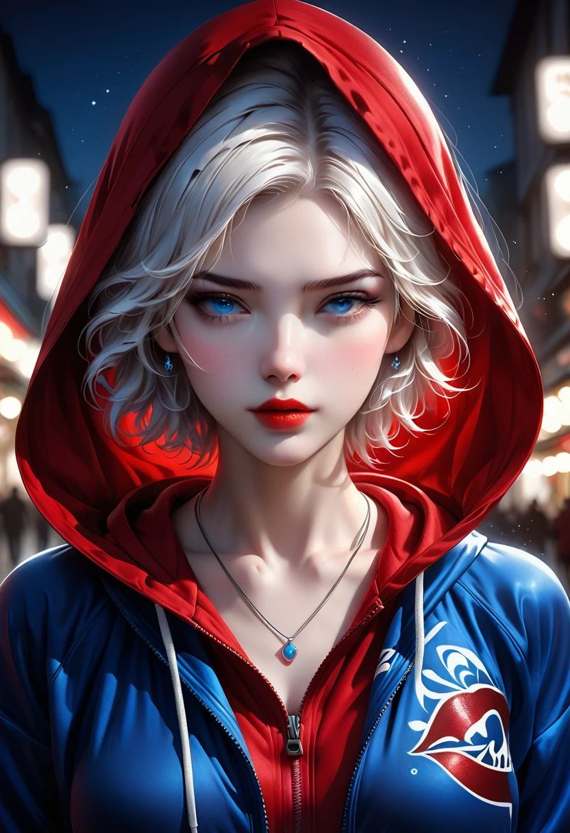 Ashhad style,Extremely detailed,high resolution,Intricate details,(best quality:1.2),(masterpiece:1.2),Extremely detailed CG unity 8k wallpaper,illustration,The original, Delicate face, 1 Girl,White short hair, blue eyes, Mature:1.2, Long red and black fabric hoodie , Black leggings, Red Hood:1.2, Red lips, Red makeup, White running shoes, White background