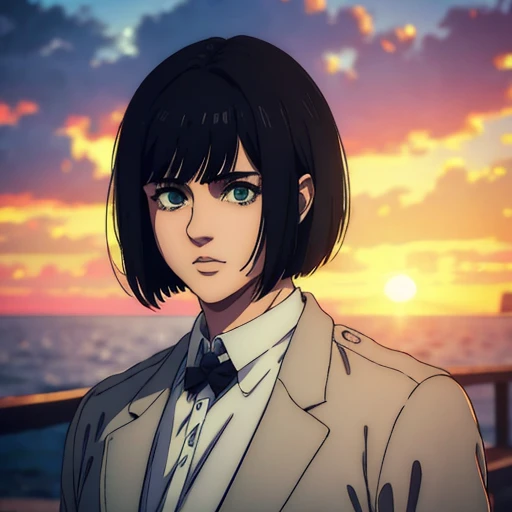 best quality,4k,8k,highres,masterpiece:1.2),ultra-detailed,(realistic,photorealistic,photo-realistic:1.37), a woman, mappa art style,  has midnight black hair color, his hair are styled in bob cut ,  detailed small light green almond-shaped eyes  ,  she looks handsome, she is fair, she is wearing white coat  , vibrant color