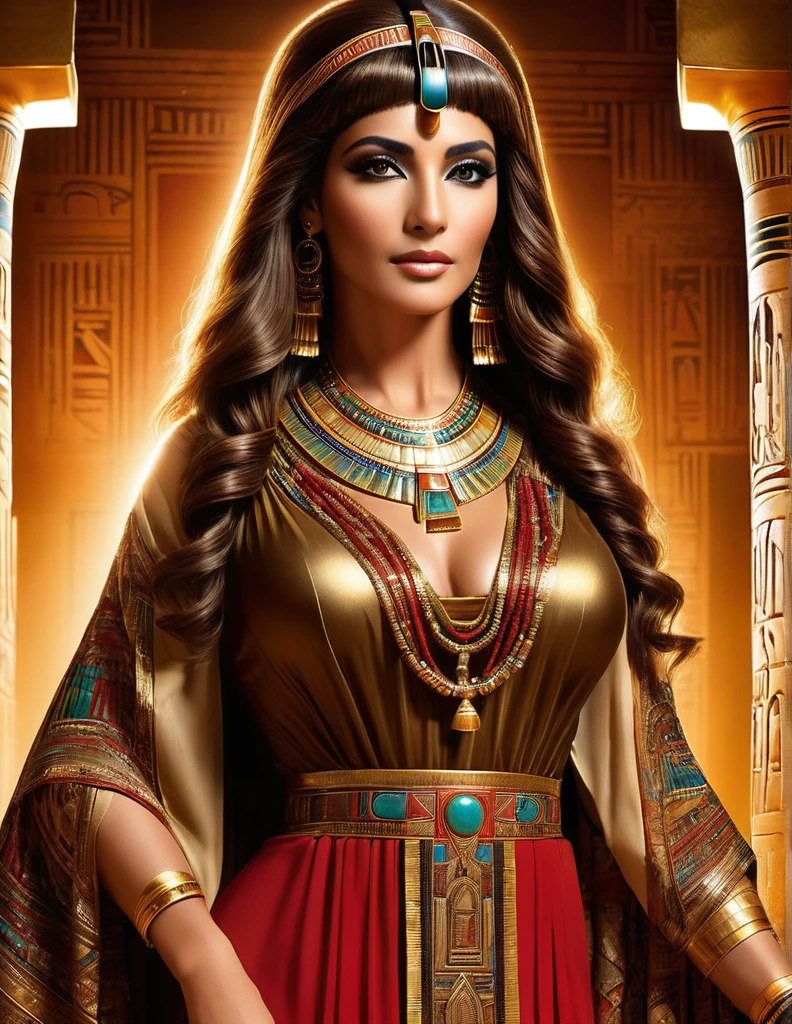 Cleopatra in her craft and her long light brown hair , 35 years of experience. His keen focus and intense gaze forward seem to pierce through the darkness of ancient Egypt, Revealing Hidden Truths and Mysteries. The intricate details of their traditional robes red and Brown are reproduced in stunning detail, while cinematic lighting adds a touch of drama to the scene. Esta imagem sobrenatural, Captured in 8K resolution, will leave you in awe of its beauty and depth elle a un maternelle 