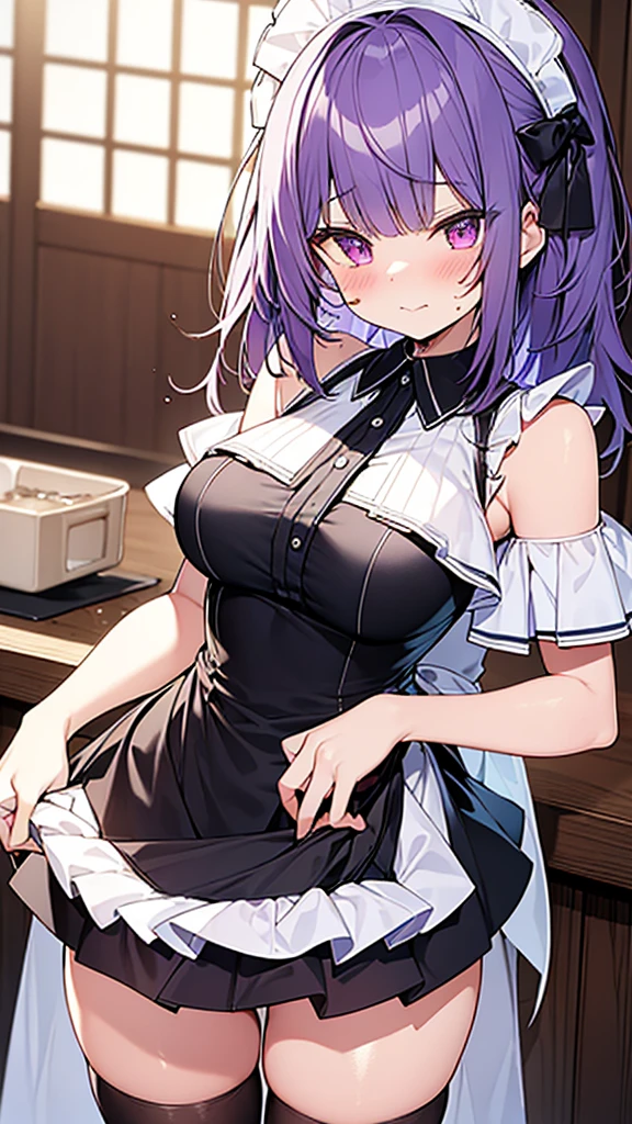 最high quality, high quality, Super detailed, 32k, Ultra-detailed details, 2 girls, With maid(only, The cute face of my little sister that I stole from her, beautiful purple hair, Beautiful purple eyes, Big Breasts, A light smile, Red eyes, Off-the-shoulder sleeveless Summer clothes, Summer casual maid clothes, Short skirt, Blue and white color striped underwear, Black knee socks, My crotch is wet with love juice, 18-year-old,cute),  Sister with her face peeled off(only, 13 years old, A grotesque face with the skin peeled off, Facial muscles are fully exposed, Chest is medium, , Lady), {{The maid had a terrible burn on her face and was lamenting it when her master&#39;s sister used her power to rip the face off and stick it onto the maid&#39;s face, taking on the sister&#39;s face.、The maid is happy and the sister is dead}}, The maid is a mature cute face and the sister has no face. The maid is standing., My sister sits in a chair, Brother witnesses the face-stealing incident, NSFW