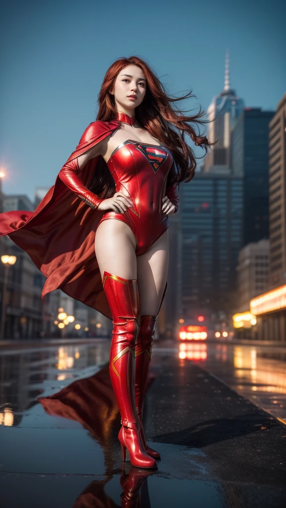 (masterpiece), (best quality), (ultra detailed), (epic lights reflection), glowing, luminous, 1girl, red eyes, red hair, full makeups, red lips, hair blown by strong winds, she is a Beautiful Supergirl,very tight body shape suit, red cape blown by winds, full body, symmetrical pose, model posing in the middle, metropolis city,