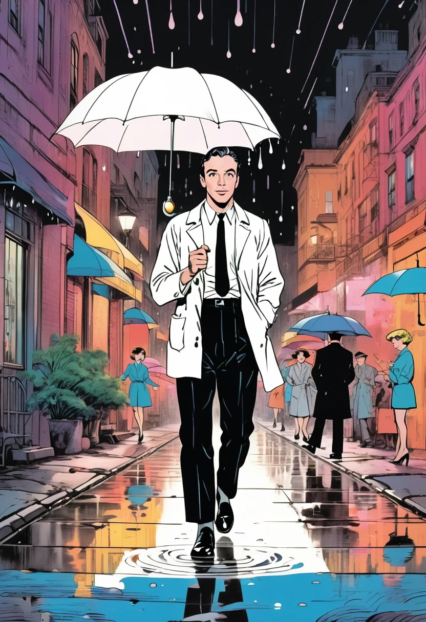 Classic Musical Films from the 1950s「Singin' in the Rain」Men who appear in、Gene Kelly (Dancing in the Rain:2.0)、Splashing in a puddle、Happy expression、White shirt、Black trousers、Black shoes、umbrella、City street background、Colorful neon lights、Cinematic lighting、Bright colors、Detailed facial features、Dynamic pose、Realistic、masterpiece、High resolution、splash water