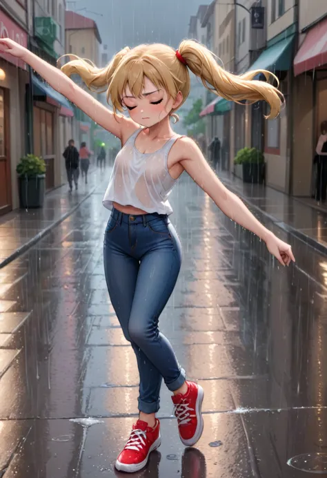 cute, childish, blonde, young girl, closed eyes, long hairstyle, twin tails, white tank top, jeans, red sneakers, dancing ballet...