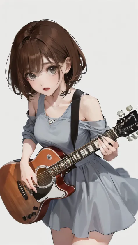 (((White wall background)))、(((Best image quality、8K、Beautiful woman、White wall background)))、(((guitarist、play the guitar)))、((...
