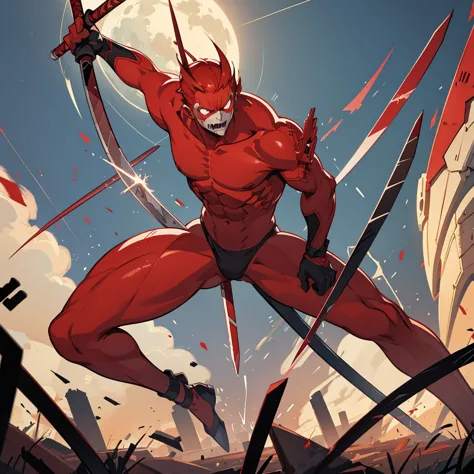 a 20 metre titan from aot with red and blade skin, bones, a blade attached to its hand and prodcuing electricity through the bla...